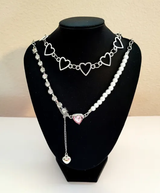 2 PC Necklace Choker Heart Faux Pearl Rhinestone Charm Dangle Fashion Jewelry