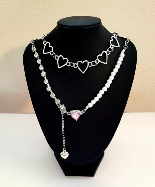 2 PC Necklace Choker Heart Faux Pearl Rhinestone Charm Dangle Fashion Jewelry