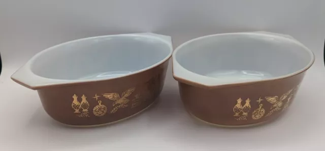 2 Vintage PYREX 1 1/2 Quart EARLY AMERICAN Brown Gold Oval Casserole Dish 043