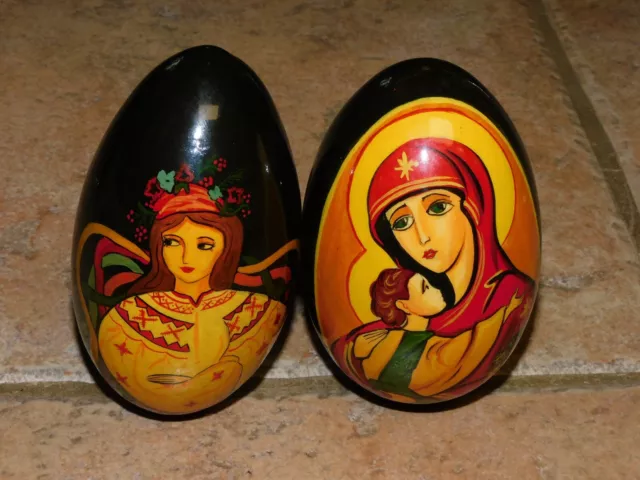 Vtg Russian Wooden Hand Painted Lacquer 2 Eggs, Signed