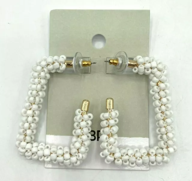 Nordstrom BP Gold Tone White Beaded Rectangle Geometric Pierced Hoop Earrings