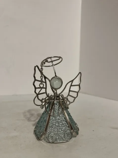 Vtg 1990 Stained Glass Wire Wrap Angel Figurine Trumpet Pale Blue Textured Glass