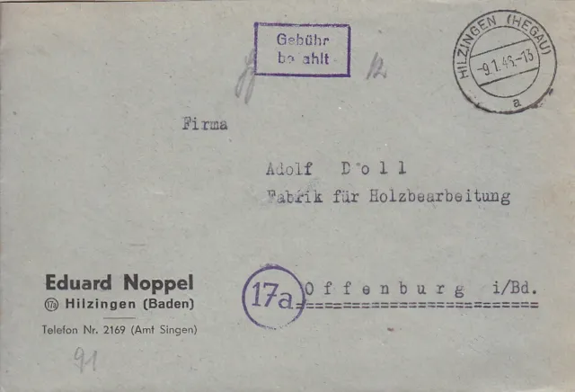 F.Zone - HILZINGEN  (HEGAU) - Gebühr bezahlt - Brief - 1946