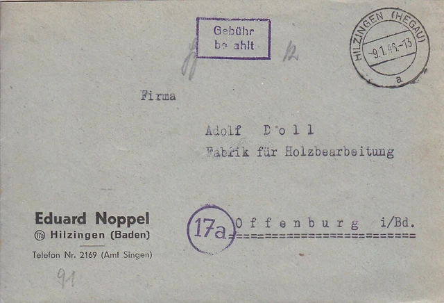 F.Zone - HILZINGEN  (HEGAU) - Gebühr bezahlt - Brief - 1946