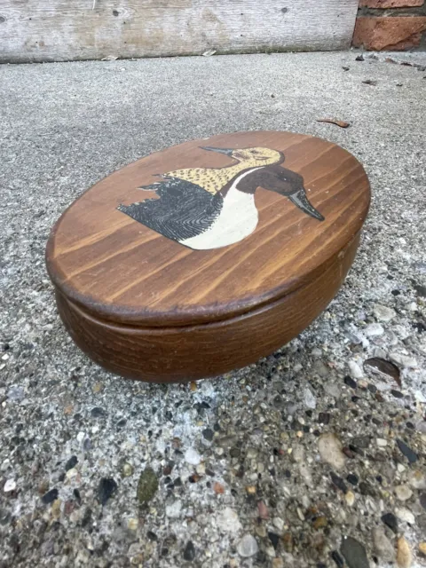 VTG Wooden Oval Trinket Jewelry Stash Box - Ducks Painted On Lid