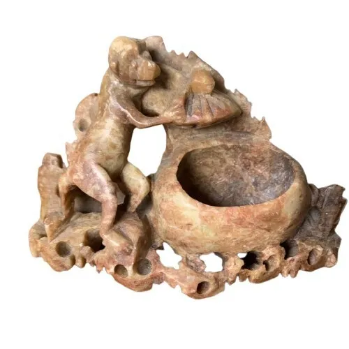 Vintage Detailed Hand Carved Soapstone Monkey Figurine Bowl/Vase