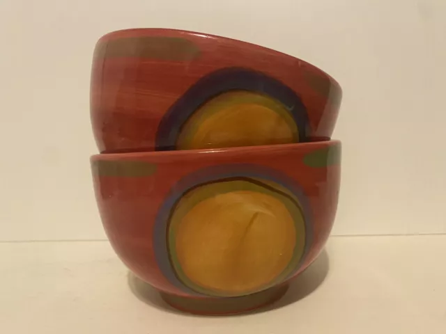 Pair Gail Pittman Creation Red Orange Bue Cereal Dinner Bowls 5 7/8’’ x3.5 Rare