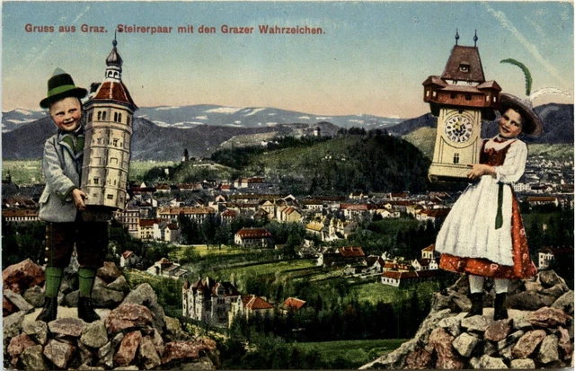 Graz/Steiermark - Gruss aus Graz - Steirer Paar mit den Grazer Wahrzeichen -3375