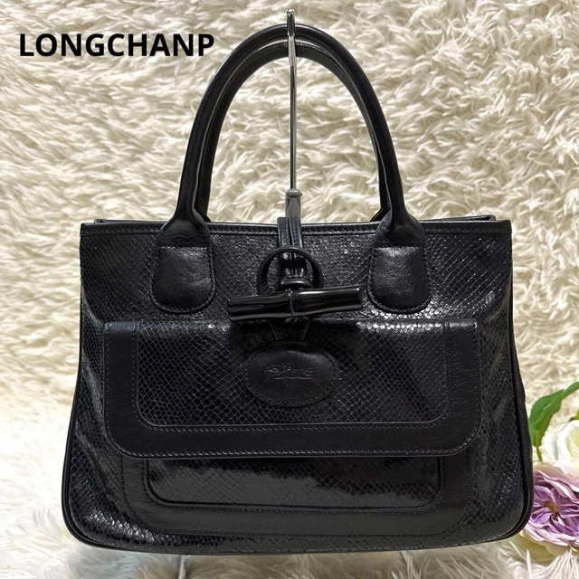Longchamp Leather Handbag Tote Bag Python Embossed Black