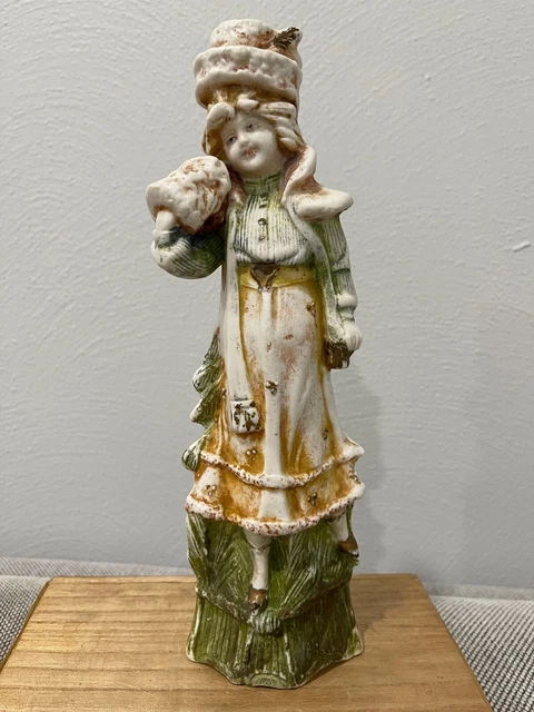 Antique Allemand Bisque Porcelaine Figurine Femme Avec / Chauffe-Mains & Chapeau