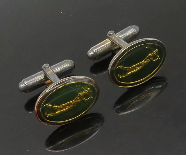 925 Sterling Silver - Vintage Enamel Golf Player Dark Tone Cufflinks - TR3063