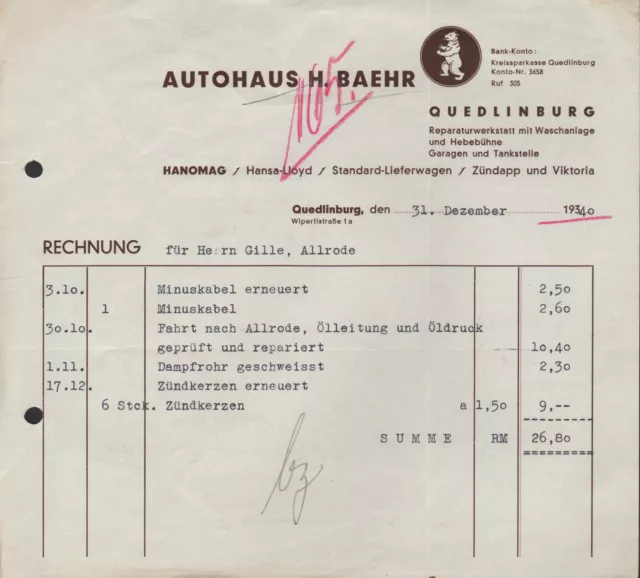 QUEDLINBURG, Rechnung 1940, Autohaus H. Baehr, Hanomag, Hansa-Lloyd, Viktoria