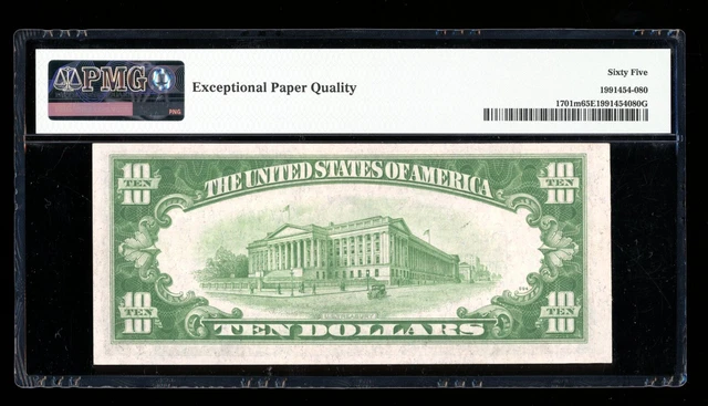 DBR 1934 $10 Silver Mule Gem Fr. 1701m PMG 65 EPQ Serial A43661706A 2