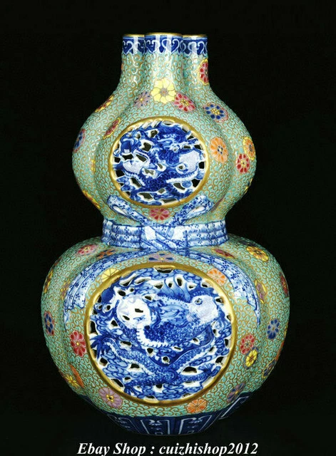 Qianlong Marked Colour Enamel Blue White Porcelain Gilt Dragon Gourd Vase Bottle
