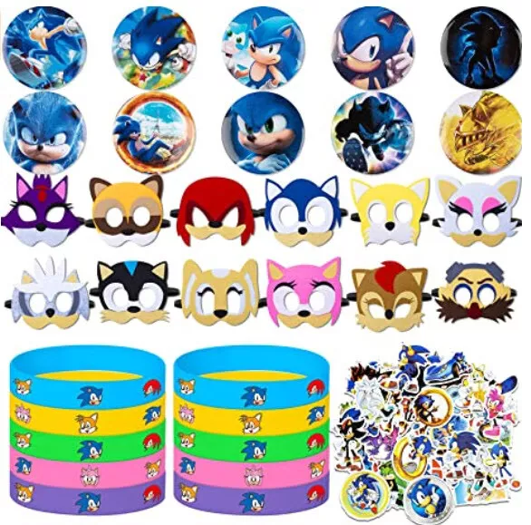 SONIC HEDGEHOG Birthday Party FAVORS Felt Masks Pins Stickers Bracelets Boxes