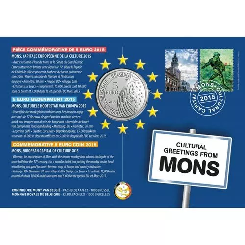 Belgica 5 Euro Plata Proof 2015 Mons Capital Europea De La Cultura Folder 2