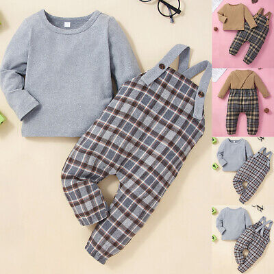 Toddlers Baby Boys Plaid Check Tops Suspender Pants Jumpsuit Outfits Set Clothes