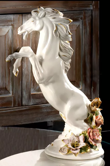 Statue Of Horse Prancing Figure IN Capodimonte porcelain White Gold H 48 CM