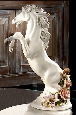 Statue Of Horse Prancing Figure Porcelain Capodimonte White Gold H 48 CM