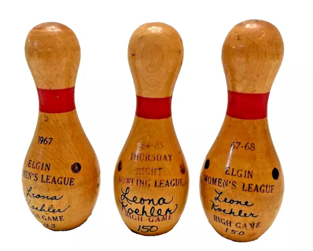 Bowling Pins 3 Miniature Trophy Awards 1960s Wood High Game 4" Tall Vintage