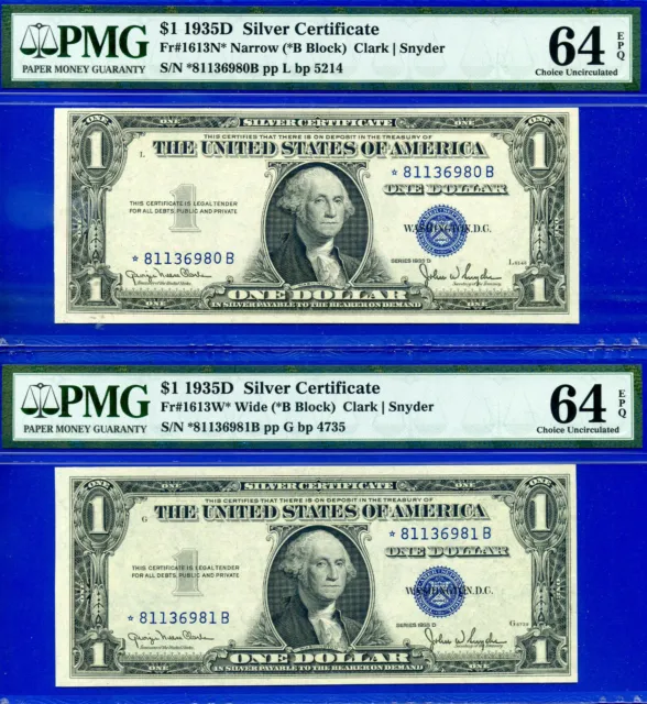 Narrow to Wide 1935D $1 Silver Certificate Stars changeover Pair Fr 1613N 1613W