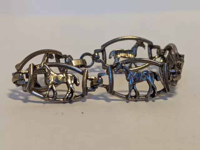 Vintage Equestrian Horse Silver Tone 5 Link Buckle 7 Inch Bracelet Box Clasp