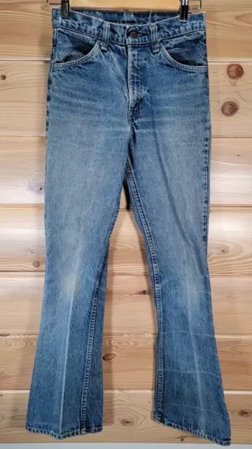 VTG Levis Orange Tab Unisex Size 26X31 646 1970s Bootcut Flare Blue Distress