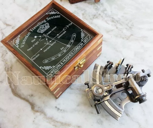 Nautical Brass Working Maritime Sextant 4'' With Wooden Box Decor Style new Gift
