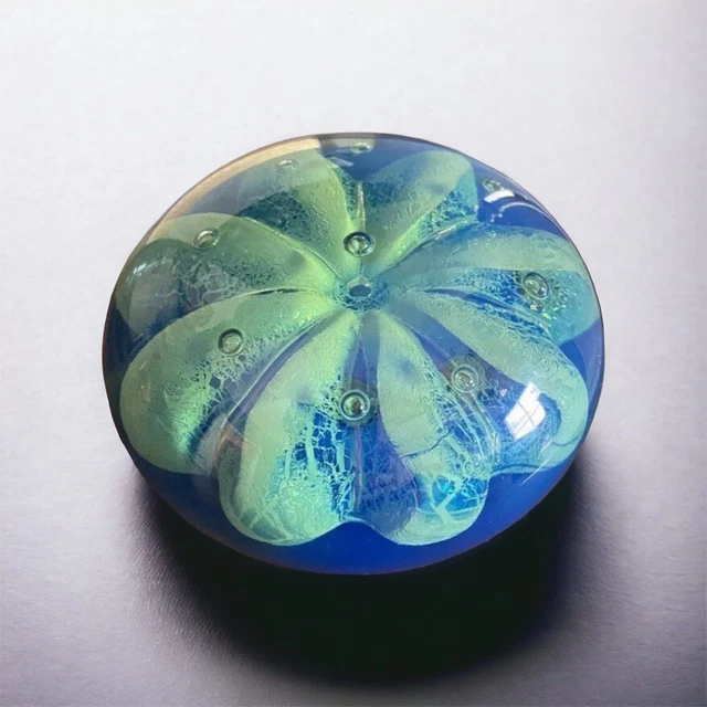 Vtg Seaview Art Glass Paperweight Fred Cresswell Signed Blue Green Bubbles