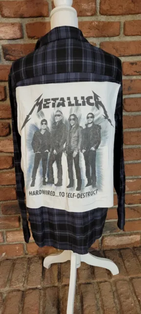 Metallica rock band logo on upcycled flannel.  Custom-made for YOU!!