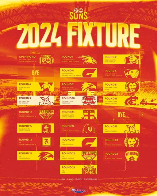 Fixture Post Football GOLD COAST SUNS 2024 Match Fixture Team Poster, Free Post, Bargain ...