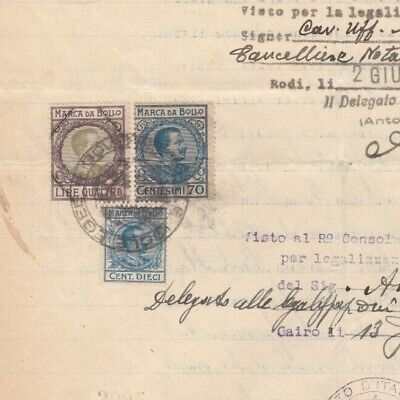 ITALY-EGYPT Multi Colored & Values Revenues Tied Diplomatic Document Cairo 1934
