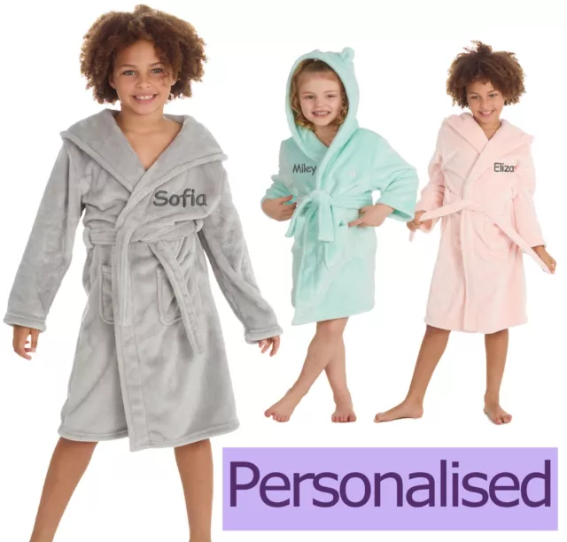 Personalised Kids Bathrobe Fleece Dressing Gown Children Hooded Robe Boys Girls