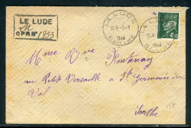 Enveloppe en recommandé provisoire de Le Lude pour St Germain du Val en 1944