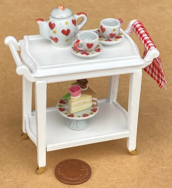 Filled White Wooden 2 Tier Tea Serving Trolley Tumdee 1:12 Scale Dolls House