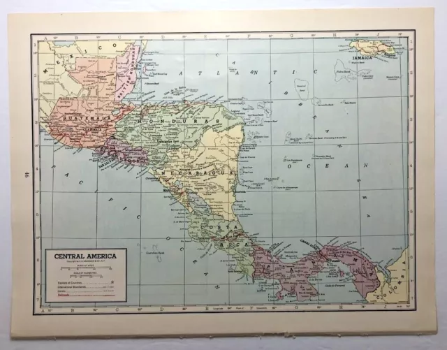 1947 Antique CENTRAL AMERICA Atlas Map - Vintage Hammond's Library World Atlas