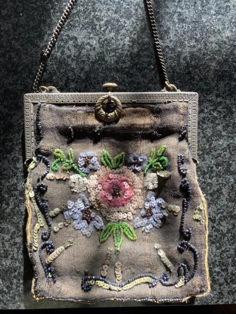 Antique Beaded Sequin Frame Purse Handbag