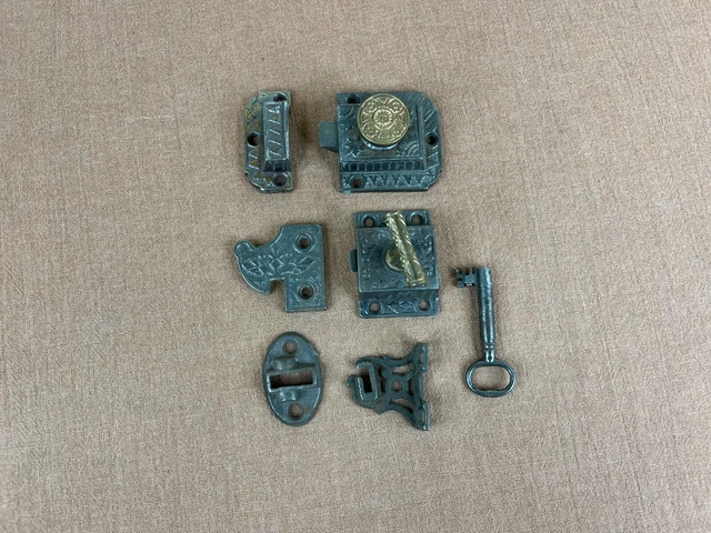 7 Piece Architectural Salvage Vintage Ornate Hardware Latch, Skeleton Key