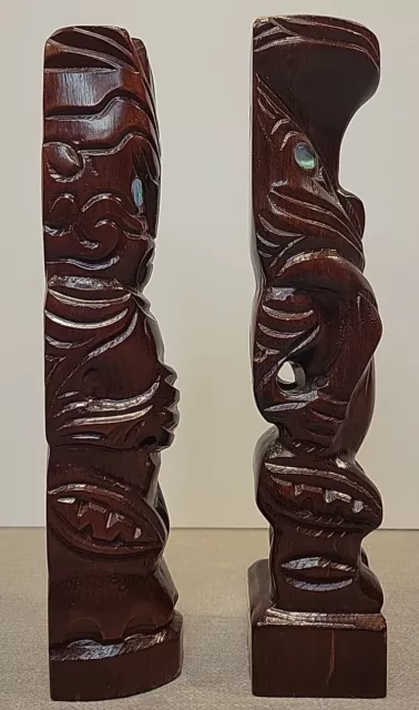 Two Maori New Zealand Wood Carved Tekoteko Tiki Totem Paua Shell Eyes 8 3/4"Tall 2