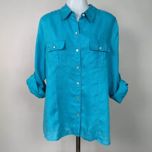 Chaus Top 12 Blue 100% Linen Button-Front Roll-Tab Sleeve Blouse Women's