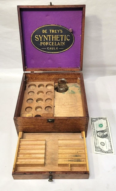Antique vtg Dr Trey's Dental Tool Box Medical Dentist Art Supplies Bottle Holder