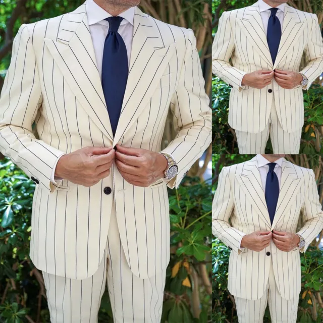 Striped Seersucker Men Suits Wide Peak Lapel Beach Wedding Party Summer  Tuxedos
