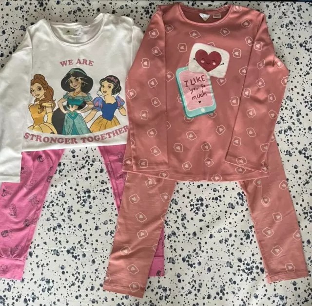 Two Pairs of Girls Zara Pyjamas - Disney Princess & I Like You - Age 9-10 - VGC