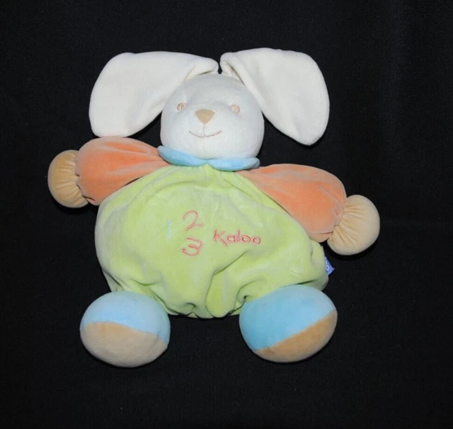 Peluche doudou lapin 123 boule KALOO vert orange bleu grelot 29/45 cm TTBE
