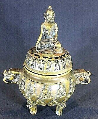 Antique Chinese Incense Burner Cast Brass / Bronze Buddha Details Dragon Handles