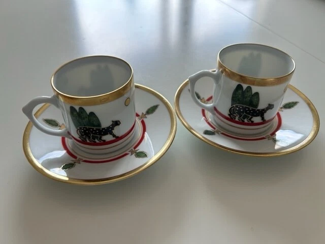 2 tasses à café et sous tasse décor la maison de Louis Cartier Limoges Panthère
