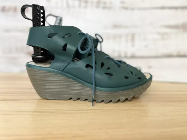 FLY LONDON Yend Wedge Sandal with Laces Verdigris Teal EU 41/US 10-10.5