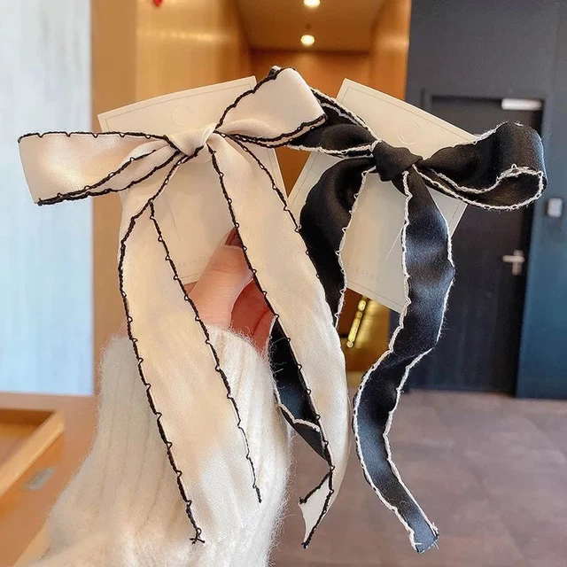 French Elegant Bow Hairpin Wave Long Ribbon Satin Hair Clips Retro Solid Bow Bar