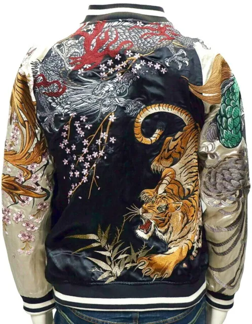Mens Souvenir Jacket Japanese Pattern Embroidery Sukajan REVERSIBLE Dragon Tiger