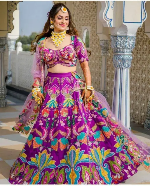 Indian Lehenga Choli Sequence Embroidery Wedding Purple Pakistani Lengha Saree